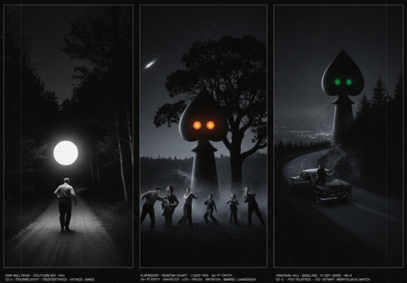 Three panel intelligence dossier collage for the West Virginia UFO UAP alien sightings archive showing left a rural working man on a dark Appalachian country road looking back at a perfectly spherical ball of cold white light maintaining a fixed distance behind him on Saw Mill Road in the mid-to-late 1930s, center seven witnesses including three children and a National Guardsman in frozen retreat from a ten-foot spade-headed entity with glowing orange eyes and acrid ground mist at the Flatwoods Braxton County West Virginia CE-III encounter on September 12 1952, and right a car occupant stopped on Vineyard Hill above Wheeling watching a second massive entity with glowing green eyes and nauseating mist emerge from the treeline three days after Flatwoods and 150 miles away with a West Virginia location map inset