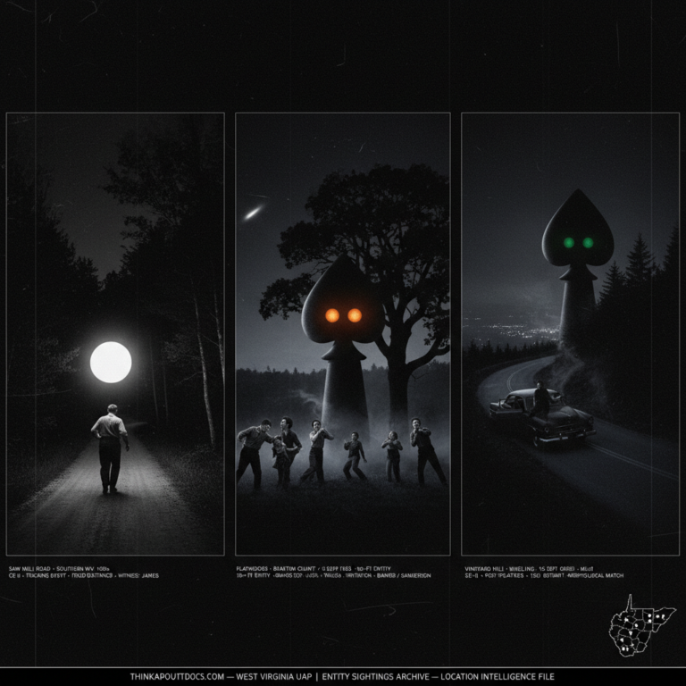 Three panel intelligence dossier collage for the West Virginia UFO UAP alien sightings archive showing left a rural working man on a dark Appalachian country road looking back at a perfectly spherical ball of cold white light maintaining a fixed distance behind him on Saw Mill Road in the mid-to-late 1930s, center seven witnesses including three children and a National Guardsman in frozen retreat from a ten-foot spade-headed entity with glowing orange eyes and acrid ground mist at the Flatwoods Braxton County West Virginia CE-III encounter on September 12 1952, and right a car occupant stopped on Vineyard Hill above Wheeling watching a second massive entity with glowing green eyes and nauseating mist emerge from the treeline three days after Flatwoods and 150 miles away with a West Virginia location map inset