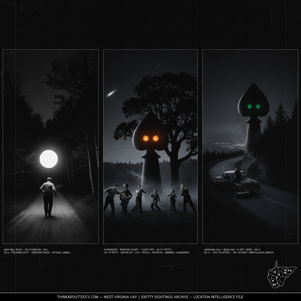 Three panel intelligence dossier collage for the West Virginia UFO UAP alien sightings archive showing left a rural working man on a dark Appalachian country road looking back at a perfectly spherical ball of cold white light maintaining a fixed distance behind him on Saw Mill Road in the mid-to-late 1930s, center seven witnesses including three children and a National Guardsman in frozen retreat from a ten-foot spade-headed entity with glowing orange eyes and acrid ground mist at the Flatwoods Braxton County West Virginia CE-III encounter on September 12 1952, and right a car occupant stopped on Vineyard Hill above Wheeling watching a second massive entity with glowing green eyes and nauseating mist emerge from the treeline three days after Flatwoods and 150 miles away with a West Virginia location map inset