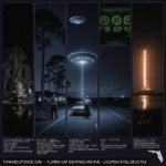 Five panel intelligence dossier collage for the Florida UFO UAP alien sightings archive showing left James Flynn standing within arm's reach of a four-tiered conical Everglades craft with an amber-lit window row moments before being struck by a beam and losing 24 hours in March 1965, upper center-left Ed Walters in his Gulf Breeze suburban yard raising a Polaroid camera toward a cold blue-gray craft above his pine tree in November 1987, center Filiberto Cardenas rising from the highway asphalt near Hialeah on a cold blue-white lifting beam from a hovering craft as his passengers watch frozen through the windscreen in January 1979, upper center-right Florida air traffic control radar operators on their feet pointing at an unidentified radar return matching a simultaneous visual observation in the 1978 Ocala radar-visual case, and right multiple Space Shuttle launch spectators on the Cape Canaveral causeway watching an arrowhead triangle track beside the brilliant orange-white shuttle launch plume in July 1989