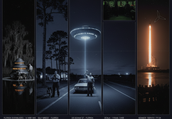 Five panel intelligence dossier collage for the Florida UFO UAP alien sightings archive showing left James Flynn standing within arm's reach of a four-tiered conical Everglades craft with an amber-lit window row moments before being struck by a beam and losing 24 hours in March 1965, upper center-left Ed Walters in his Gulf Breeze suburban yard raising a Polaroid camera toward a cold blue-gray craft above his pine tree in November 1987, center Filiberto Cardenas rising from the highway asphalt near Hialeah on a cold blue-white lifting beam from a hovering craft as his passengers watch frozen through the windscreen in January 1979, upper center-right Florida air traffic control radar operators on their feet pointing at an unidentified radar return matching a simultaneous visual observation in the 1978 Ocala radar-visual case, and right multiple Space Shuttle launch spectators on the Cape Canaveral causeway watching an arrowhead triangle track beside the brilliant orange-white shuttle launch plume in July 1989