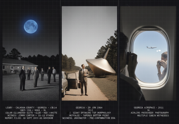 Three panel intelligence dossier collage for the Georgia UFO UAP alien sightings archive showing left Jimmy Carter and ten to twelve other men outside a Lions Club in Leary Calhoun County Georgia watching a large self-illuminated object transition from white to cold blue above the western pine tree line on January 6 1969 in his formally filed presidential UAP witness account, center a Georgia businessman stopped on a rural pine-tree highway watching a giant spinning top shaped metallic craft resting in a cleared area just off the road in June 1964, and right an airline passenger pressing a camera against the window of a commercial airliner to photograph cold white luminous objects trailing another jet across Georgia airspace in 2011