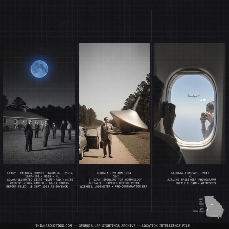 Three panel intelligence dossier collage for the Georgia UFO UAP alien sightings archive showing left Jimmy Carter and ten to twelve other men outside a Lions Club in Leary Calhoun County Georgia watching a large self-illuminated object transition from white to cold blue above the western pine tree line on January 6 1969 in his formally filed presidential UAP witness account, center a Georgia businessman stopped on a rural pine-tree highway watching a giant spinning top shaped metallic craft resting in a cleared area just off the road in June 1964, and right an airline passenger pressing a camera against the window of a commercial airliner to photograph cold white luminous objects trailing another jet across Georgia airspace in 2011