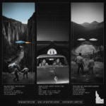 Three panel intelligence dossier collage for the Idaho UFO UAP alien sightings archive showing left a farmer and two sons at their Snake River Canyon fishing camp watching a sky-blue edge-hopping disc with side flame-jet pods at 75 feet altitude along the canyon floor in August 1947 in the Battelle Unknown Number 9 case, center a small transparent-dome craft resting on the hood of a car on Highway 26 near Ririe with two visible occupants steering the vehicle toward a farmhouse as terrified passengers Guy Tossie and Will Begay are pressed back in their seats in November 1967, and right wilderness campers Buzz Montague and William Andrews watching two pale cold silver metallic discs hovering silently over a Spring Creek Mine ore dump at dawn in the Selway-Bitterroot Wilderness in the mid-1960s APRO-investigated mining UFO case