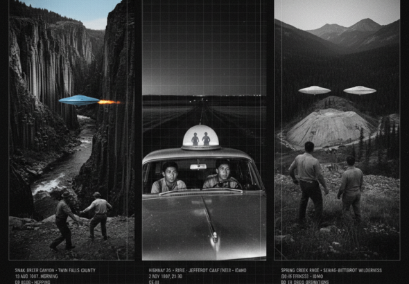 Three panel intelligence dossier collage for the Idaho UFO UAP alien sightings archive showing left a farmer and two sons at their Snake River Canyon fishing camp watching a sky-blue edge-hopping disc with side flame-jet pods at 75 feet altitude along the canyon floor in August 1947 in the Battelle Unknown Number 9 case, center a small transparent-dome craft resting on the hood of a car on Highway 26 near Ririe with two visible occupants steering the vehicle toward a farmhouse as terrified passengers Guy Tossie and Will Begay are pressed back in their seats in November 1967, and right wilderness campers Buzz Montague and William Andrews watching two pale cold silver metallic discs hovering silently over a Spring Creek Mine ore dump at dawn in the Selway-Bitterroot Wilderness in the mid-1960s APRO-investigated mining UFO case