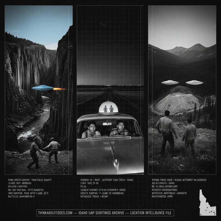 Three panel intelligence dossier collage for the Idaho UFO UAP alien sightings archive showing left a farmer and two sons at their Snake River Canyon fishing camp watching a sky-blue edge-hopping disc with side flame-jet pods at 75 feet altitude along the canyon floor in August 1947 in the Battelle Unknown Number 9 case, center a small transparent-dome craft resting on the hood of a car on Highway 26 near Ririe with two visible occupants steering the vehicle toward a farmhouse as terrified passengers Guy Tossie and Will Begay are pressed back in their seats in November 1967, and right wilderness campers Buzz Montague and William Andrews watching two pale cold silver metallic discs hovering silently over a Spring Creek Mine ore dump at dawn in the Selway-Bitterroot Wilderness in the mid-1960s APRO-investigated mining UFO case