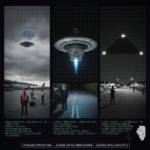 Three panel intelligence dossier collage for the Illinois UFO UAP alien sightings archive showing left twelve United Airlines ramp workers mechanics and pilots frozen on the O'Hare Airport apron looking up at a cold grey-silver metallic disc hovering over Gate C-17 as it punches a circular hole in the overcast cloud layer on vertical departure in November 2006, center industrial chemist Rex Ball outside his car on a flat rural Illinois road watching a Saturn-disc craft with a radio direction finder antenna and a cold blue silent exhaust flame hovering ahead while a small pygmy hairy entity looks back through a transparent hull section in summer 1940, and right a police officer and multiple town residents watching a massive slow-moving triangular craft with three cold white corner lights pass over the Mississippi River valley corridor in the January 2000 Illinois Triangle mass sighting