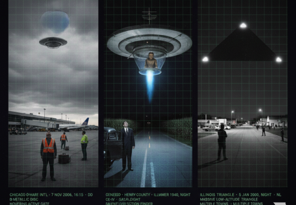 Three panel intelligence dossier collage for the Illinois UFO UAP alien sightings archive showing left twelve United Airlines ramp workers mechanics and pilots frozen on the O'Hare Airport apron looking up at a cold grey-silver metallic disc hovering over Gate C-17 as it punches a circular hole in the overcast cloud layer on vertical departure in November 2006, center industrial chemist Rex Ball outside his car on a flat rural Illinois road watching a Saturn-disc craft with a radio direction finder antenna and a cold blue silent exhaust flame hovering ahead while a small pygmy hairy entity looks back through a transparent hull section in summer 1940, and right a police officer and multiple town residents watching a massive slow-moving triangular craft with three cold white corner lights pass over the Mississippi River valley corridor in the January 2000 Illinois Triangle mass sighting