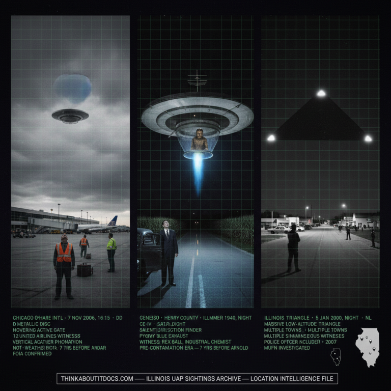 Three panel intelligence dossier collage for the Illinois UFO UAP alien sightings archive showing left twelve United Airlines ramp workers mechanics and pilots frozen on the O'Hare Airport apron looking up at a cold grey-silver metallic disc hovering over Gate C-17 as it punches a circular hole in the overcast cloud layer on vertical departure in November 2006, center industrial chemist Rex Ball outside his car on a flat rural Illinois road watching a Saturn-disc craft with a radio direction finder antenna and a cold blue silent exhaust flame hovering ahead while a small pygmy hairy entity looks back through a transparent hull section in summer 1940, and right a police officer and multiple town residents watching a massive slow-moving triangular craft with three cold white corner lights pass over the Mississippi River valley corridor in the January 2000 Illinois Triangle mass sighting