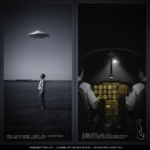 Two panel intelligence dossier collage for the Delaware UFO UAP alien sightings archive showing left a single witness in a flat Delmarva Peninsula field near Odessa New Castle County watching a cold silver disc-shaped object overhead in 1967, and right the interior of a Delaware State Police helicopter cockpit at night with the instrument panel glowing amber-green as the trained pilot and co-pilot in full pursuit attitude watch an unidentified object pulling away ahead of them at the edge of their searchlight beam in the 1973 law enforcement aviation chase case