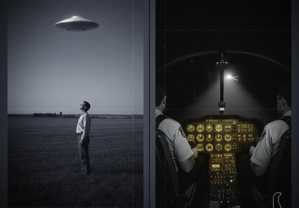 Two panel intelligence dossier collage for the Delaware UFO UAP alien sightings archive showing left a single witness in a flat Delmarva Peninsula field near Odessa New Castle County watching a cold silver disc-shaped object overhead in 1967, and right the interior of a Delaware State Police helicopter cockpit at night with the instrument panel glowing amber-green as the trained pilot and co-pilot in full pursuit attitude watch an unidentified object pulling away ahead of them at the edge of their searchlight beam in the 1973 law enforcement aviation chase case