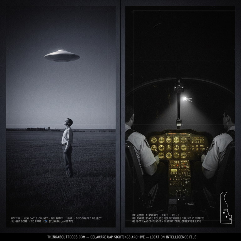 Two panel intelligence dossier collage for the Delaware UFO UAP alien sightings archive showing left a single witness in a flat Delmarva Peninsula field near Odessa New Castle County watching a cold silver disc-shaped object overhead in 1967, and right the interior of a Delaware State Police helicopter cockpit at night with the instrument panel glowing amber-green as the trained pilot and co-pilot in full pursuit attitude watch an unidentified object pulling away ahead of them at the edge of their searchlight beam in the 1973 law enforcement aviation chase case