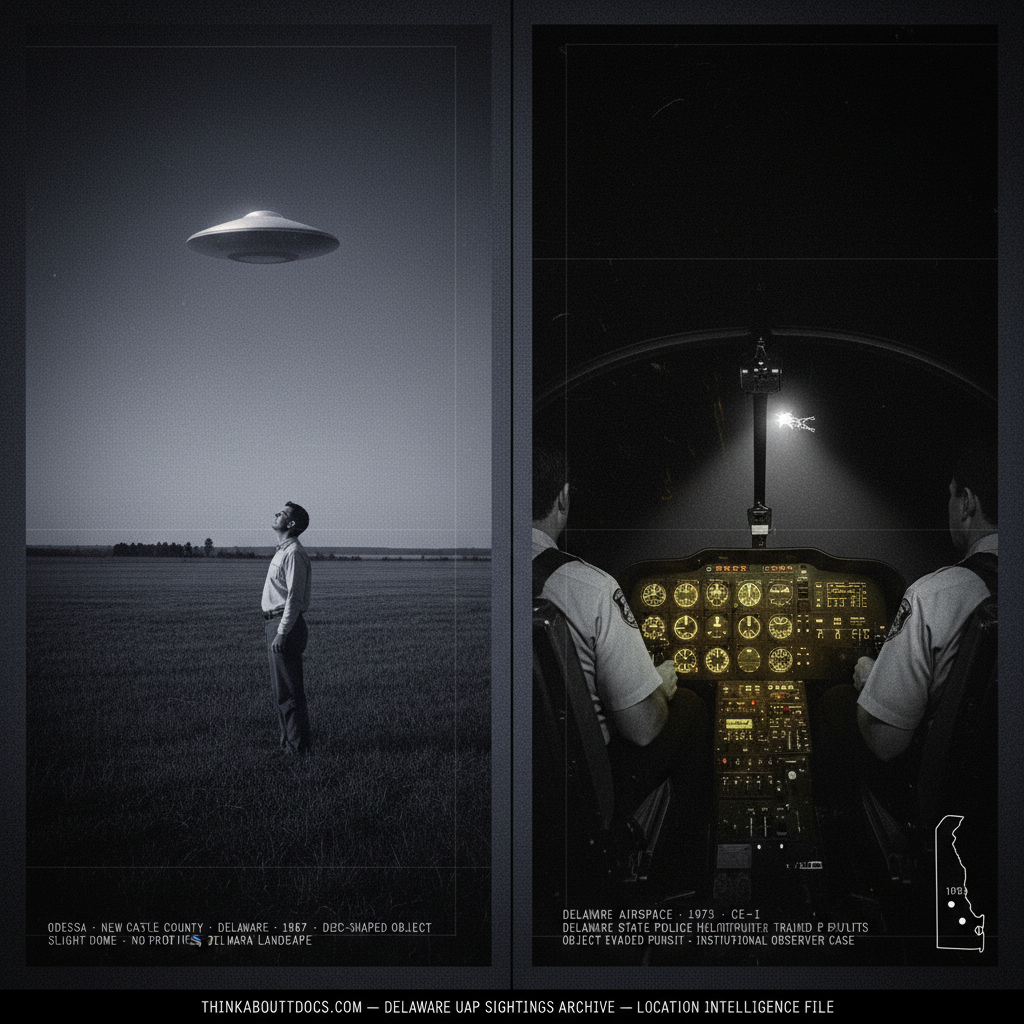 Two panel intelligence dossier collage for the Delaware UFO UAP alien sightings archive showing left a single witness in a flat Delmarva Peninsula field near Odessa New Castle County watching a cold silver disc-shaped object overhead in 1967, and right the interior of a Delaware State Police helicopter cockpit at night with the instrument panel glowing amber-green as the trained pilot and co-pilot in full pursuit attitude watch an unidentified object pulling away ahead of them at the edge of their searchlight beam in the 1973 law enforcement aviation chase case