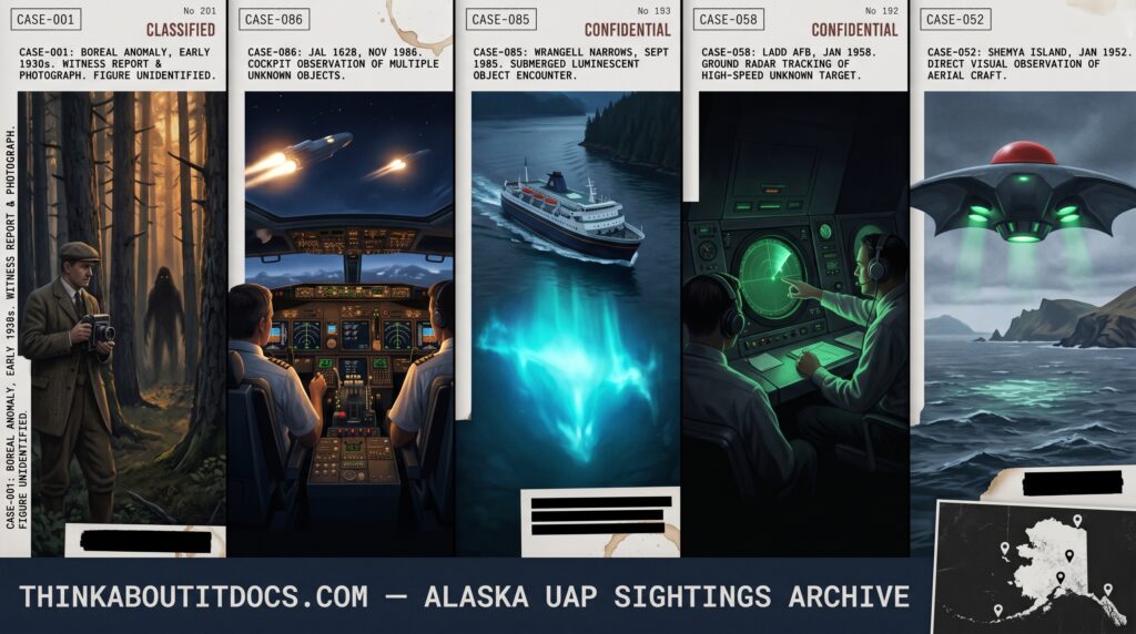 Five panel intelligence dossier collage for the Alaska UFO UAP alien sightings archive showing left an unnamed grandfather crouching with a large-format camera in remote boreal spruce forest photographing an ambiguous bipedal figure standing between trees in the early 1930s Alaska entity photograph case, upper center-left the three-member crew of Japan Air Lines Flight 1628 leaning forward on the Boeing 747 flight deck watching two structured objects with amber-white thruster emissions matching their heading for fifty minutes over Alaska with FAA primary radar confirmation in November 1986, center a 300-foot marine vessel in the Wrangell Narrows Inside Passage illuminated from below by a massive blue-green submerged luminous object larger than the vessel itself in the 1985 Juneau USO encounter, upper center-right Ladd Air Force Base radar operators at green-phosphor scopes tracking an object performing 5000-plus MPH flight over Alaska across a four-hour observation window in January 1958, and right a lone observer on a Shemya Island Aleutian shore watching a bat-shaped craft with a red dome and green glowing underside ports descend toward the Bering Sea surface in January 1952