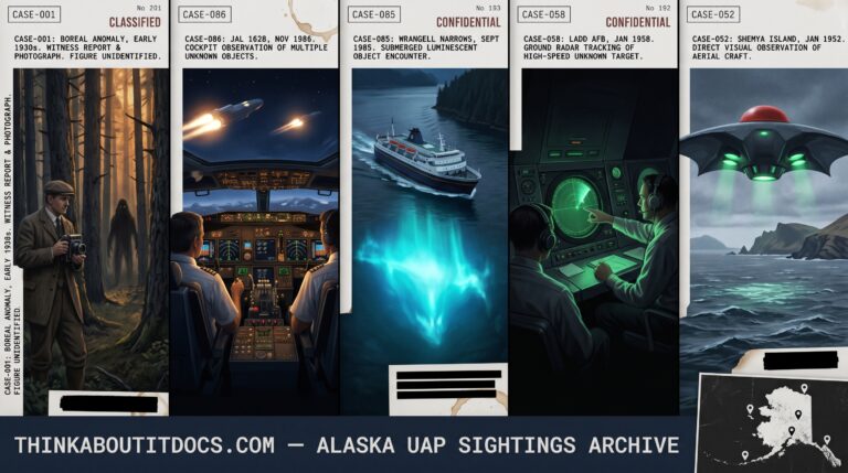 Five panel intelligence dossier collage for the Alaska UFO UAP alien sightings archive showing left an unnamed grandfather crouching with a large-format camera in remote boreal spruce forest photographing an ambiguous bipedal figure standing between trees in the early 1930s Alaska entity photograph case, upper center-left the three-member crew of Japan Air Lines Flight 1628 leaning forward on the Boeing 747 flight deck watching two structured objects with amber-white thruster emissions matching their heading for fifty minutes over Alaska with FAA primary radar confirmation in November 1986, center a 300-foot marine vessel in the Wrangell Narrows Inside Passage illuminated from below by a massive blue-green submerged luminous object larger than the vessel itself in the 1985 Juneau USO encounter, upper center-right Ladd Air Force Base radar operators at green-phosphor scopes tracking an object performing 5000-plus MPH flight over Alaska across a four-hour observation window in January 1958, and right a lone observer on a Shemya Island Aleutian shore watching a bat-shaped craft with a red dome and green glowing underside ports descend toward the Bering Sea surface in January 1952