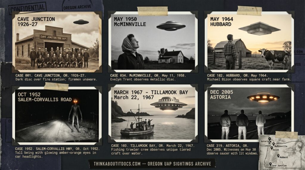Five panel intelligence dossier collage for the Oregon UFO UAP alien sightings archive showing left Josephine County volunteer firemen posing in front of their Cave Junction fire station in the late 1920s unaware of a dark disc visible above them in the sky, upper center-left Evelyn Trent in her Yamhill County farmyard watching a metallic disc with a cold silver rim catch-light at pre-sunset as Paul Trent photographs it in the most analyzed UAP photograph case in history, center a car stopped on a dark Willamette Valley road between Salem and Corvallis as an eight-foot entity with glowing amber-orange eyes stands at the road edge in the headlights during the October 1952 entity wave, upper center-right twelve-year-old Michael Bizon frozen in a Marion County field watching a square structured craft hover above the ground while his cow presses against the fence with a Deputy Sheriff Davidson official sketch inset, and right three witnesses on Highway 30 east of Astoria watching a saucer with evenly-spaced amber-lit rectangular windows hovering silently above the Coast Range treeline at pre-dawn in December 2005