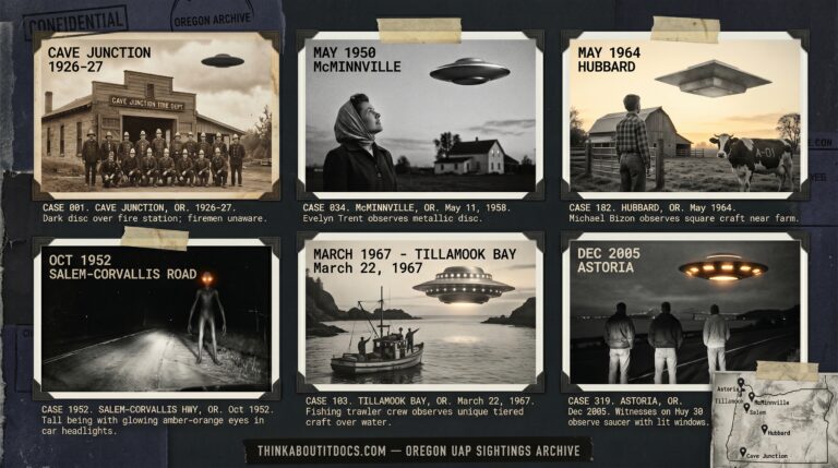 Five panel intelligence dossier collage for the Oregon UFO UAP alien sightings archive showing left Josephine County volunteer firemen posing in front of their Cave Junction fire station in the late 1920s unaware of a dark disc visible above them in the sky, upper center-left Evelyn Trent in her Yamhill County farmyard watching a metallic disc with a cold silver rim catch-light at pre-sunset as Paul Trent photographs it in the most analyzed UAP photograph case in history, center a car stopped on a dark Willamette Valley road between Salem and Corvallis as an eight-foot entity with glowing amber-orange eyes stands at the road edge in the headlights during the October 1952 entity wave, upper center-right twelve-year-old Michael Bizon frozen in a Marion County field watching a square structured craft hover above the ground while his cow presses against the fence with a Deputy Sheriff Davidson official sketch inset, and right three witnesses on Highway 30 east of Astoria watching a saucer with evenly-spaced amber-lit rectangular windows hovering silently above the Coast Range treeline at pre-dawn in December 2005
