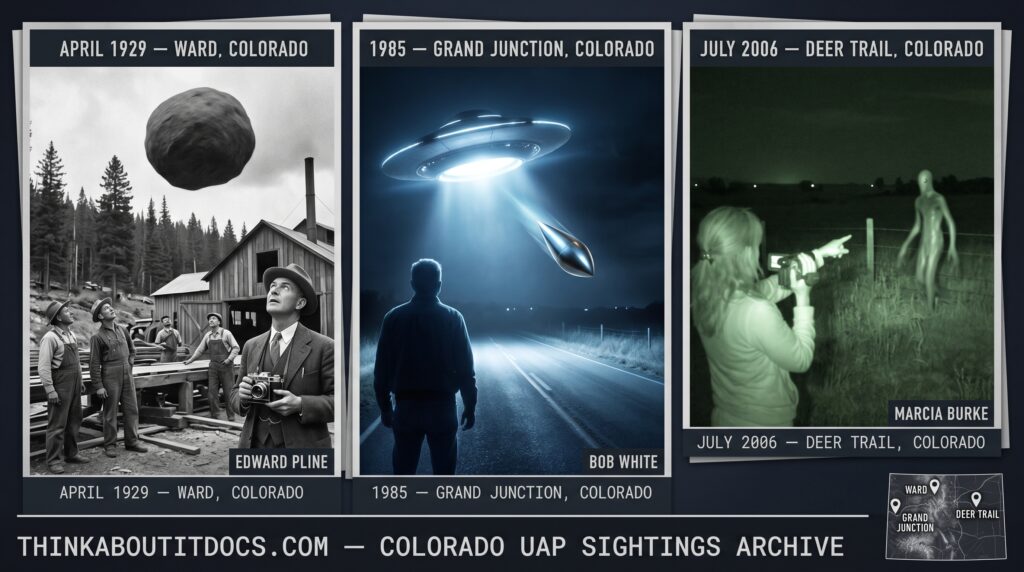 Three panel intelligence dossier collage for the Colorado UFO UAP alien sightings archive showing left sawmill operator Edward Pline raising his large-format camera at Ward Colorado in April 1929 as a large round low-altitude object passes over the frozen mill workers in the only pre-1947 Colorado photographic UAP case, center Bob White and companion shielding their eyes beside their vehicle on a remote Western Slope road near Grand Junction as a large departing disc ejects a glowing metallic teardrop artifact onto the road in the 1985 encounter that produced an artifact with anomalous isotopic composition confirmed by laboratory analysis, and right Marcia Burke recording night-vision video footage of a tall humanoid figure moving along a fence line at her Deer Trail Colorado property in July 2006 with an aerial light visible behind it and a Colorado location map inset