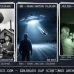 Three panel intelligence dossier collage for the Colorado UFO UAP alien sightings archive showing left sawmill operator Edward Pline raising his large-format camera at Ward Colorado in April 1929 as a large round low-altitude object passes over the frozen mill workers in the only pre-1947 Colorado photographic UAP case, center Bob White and companion shielding their eyes beside their vehicle on a remote Western Slope road near Grand Junction as a large departing disc ejects a glowing metallic teardrop artifact onto the road in the 1985 encounter that produced an artifact with anomalous isotopic composition confirmed by laboratory analysis, and right Marcia Burke recording night-vision video footage of a tall humanoid figure moving along a fence line at her Deer Trail Colorado property in July 2006 with an aerial light visible behind it and a Colorado location map inset