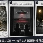 Three panel intelligence dossier collage for the Iowa UFO UAP alien sightings archive showing left two Iowa farm children frozen near a creek bank watching a shorter brown-green-clad occupant collect water while a taller stern occupant stands at the door of a landed oval craft in a Webster City Hamilton County creek bottom in July 1919 with ground impressions already forming beneath the craft, center Pat Barr and her cousin Kathy Mahr at an upstairs farmhouse window watching a double-saucer disc with two rows of midline lights rotating above a Garrison Benton County bean field as the ground beneath the hover point glows dull red in July 1969, and right a male Osceola Clarke County Iowa witness frozen on his front lawn at midnight facing a group of small boy-scout-like entities gesturing toward a dark open field in the 1954 pre-Hill abduction account