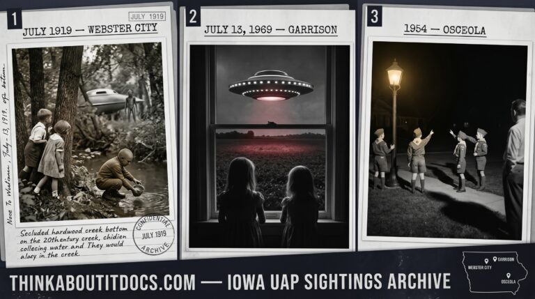 Three panel intelligence dossier collage for the Iowa UFO UAP alien sightings archive showing left two Iowa farm children frozen near a creek bank watching a shorter brown-green-clad occupant collect water while a taller stern occupant stands at the door of a landed oval craft in a Webster City Hamilton County creek bottom in July 1919 with ground impressions already forming beneath the craft, center Pat Barr and her cousin Kathy Mahr at an upstairs farmhouse window watching a double-saucer disc with two rows of midline lights rotating above a Garrison Benton County bean field as the ground beneath the hover point glows dull red in July 1969, and right a male Osceola Clarke County Iowa witness frozen on his front lawn at midnight facing a group of small boy-scout-like entities gesturing toward a dark open field in the 1954 pre-Hill abduction account
