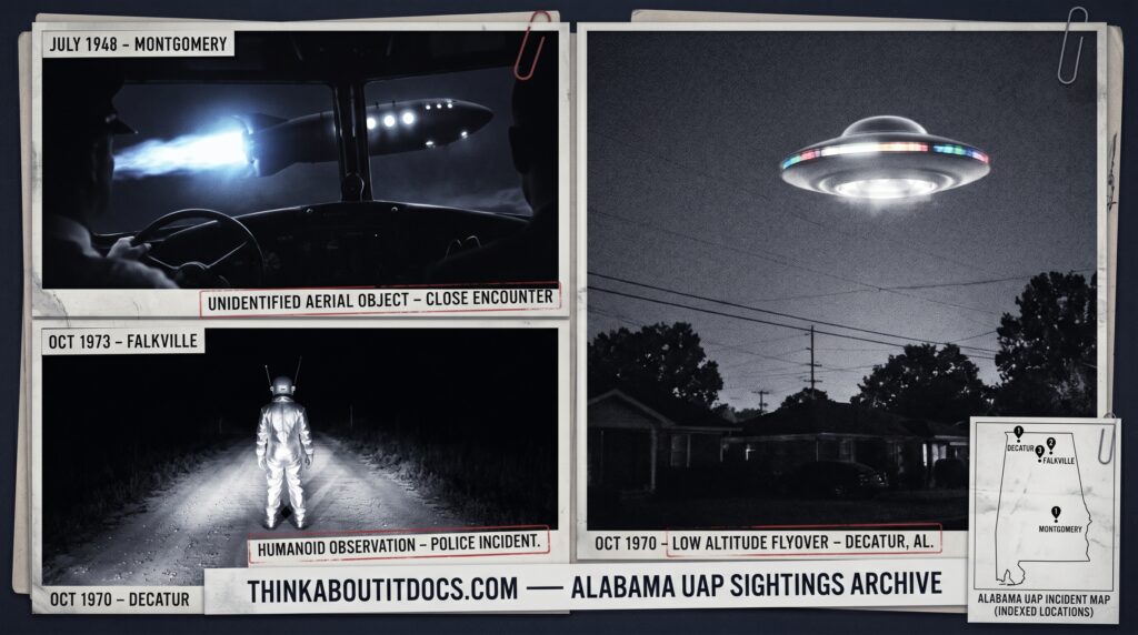 Three panel intelligence dossier collage for the Alabama UFO UAP alien sightings archive showing left the Eastern Airlines DC-3 cockpit of Chiles and Whitted as a 100-foot torpedo-shaped craft with two amber window rows and blue-white rear exhaust passes at near-collision range over Montgomery Alabama in July 1948, center Police Chief Jeff Greenhaw's Falkville Alabama rural road at night with a silver-suited antenna-headed humanoid standing in the headlight beams as Greenhaw prepares to take the first of four Polaroid photographs in October 1973, and right Mr. Billings in his Decatur Alabama backyard photographing a low domed disc with a translucent underside and full-spectrum cycling rim lights as a second identical object follows it in October 1970 with an Alabama location map inset