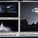 Three panel intelligence dossier collage for the Alabama UFO UAP alien sightings archive showing left the Eastern Airlines DC-3 cockpit of Chiles and Whitted as a 100-foot torpedo-shaped craft with two amber window rows and blue-white rear exhaust passes at near-collision range over Montgomery Alabama in July 1948, center Police Chief Jeff Greenhaw's Falkville Alabama rural road at night with a silver-suited antenna-headed humanoid standing in the headlight beams as Greenhaw prepares to take the first of four Polaroid photographs in October 1973, and right Mr. Billings in his Decatur Alabama backyard photographing a low domed disc with a translucent underside and full-spectrum cycling rim lights as a second identical object follows it in October 1970 with an Alabama location map inset