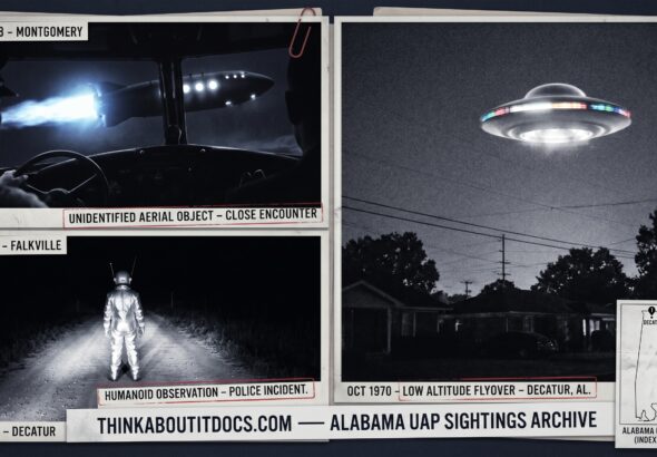 Three panel intelligence dossier collage for the Alabama UFO UAP alien sightings archive showing left the Eastern Airlines DC-3 cockpit of Chiles and Whitted as a 100-foot torpedo-shaped craft with two amber window rows and blue-white rear exhaust passes at near-collision range over Montgomery Alabama in July 1948, center Police Chief Jeff Greenhaw's Falkville Alabama rural road at night with a silver-suited antenna-headed humanoid standing in the headlight beams as Greenhaw prepares to take the first of four Polaroid photographs in October 1973, and right Mr. Billings in his Decatur Alabama backyard photographing a low domed disc with a translucent underside and full-spectrum cycling rim lights as a second identical object follows it in October 1970 with an Alabama location map inset