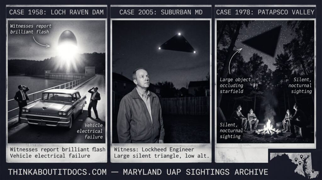 Three panel intelligence dossier collage for the Maryland UFO UAP alien sightings archive showing left two men at their stalled car on the Loch Raven Dam bridge in Baltimore County as a brilliant cold white flash from an egg-shaped object above the dam knocks one man back against the car with radiation burns later treated at Bon Secours Hospital in October 1958, center a Lockheed engineer in business attire in suburban Maryland watching a large silent black triangle with three dim cold white corner lights move at low altitude with absolute silence and no navigation lights despite his professional aircraft identification training in 2005, and right multiple campers on a Patapsco Valley State Park trail watching a large triangular craft defined by the negative space of the occluded stars moving silently over the forest canopy in 1978