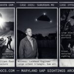 Three panel intelligence dossier collage for the Maryland UFO UAP alien sightings archive showing left two men at their stalled car on the Loch Raven Dam bridge in Baltimore County as a brilliant cold white flash from an egg-shaped object above the dam knocks one man back against the car with radiation burns later treated at Bon Secours Hospital in October 1958, center a Lockheed engineer in business attire in suburban Maryland watching a large silent black triangle with three dim cold white corner lights move at low altitude with absolute silence and no navigation lights despite his professional aircraft identification training in 2005, and right multiple campers on a Patapsco Valley State Park trail watching a large triangular craft defined by the negative space of the occluded stars moving silently over the forest canopy in 1978