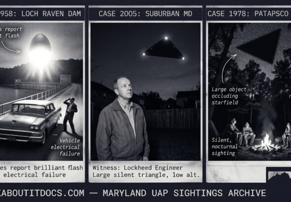 Three panel intelligence dossier collage for the Maryland UFO UAP alien sightings archive showing left two men at their stalled car on the Loch Raven Dam bridge in Baltimore County as a brilliant cold white flash from an egg-shaped object above the dam knocks one man back against the car with radiation burns later treated at Bon Secours Hospital in October 1958, center a Lockheed engineer in business attire in suburban Maryland watching a large silent black triangle with three dim cold white corner lights move at low altitude with absolute silence and no navigation lights despite his professional aircraft identification training in 2005, and right multiple campers on a Patapsco Valley State Park trail watching a large triangular craft defined by the negative space of the occluded stars moving silently over the forest canopy in 1978