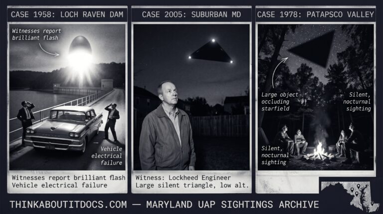 Three panel intelligence dossier collage for the Maryland UFO UAP alien sightings archive showing left two men at their stalled car on the Loch Raven Dam bridge in Baltimore County as a brilliant cold white flash from an egg-shaped object above the dam knocks one man back against the car with radiation burns later treated at Bon Secours Hospital in October 1958, center a Lockheed engineer in business attire in suburban Maryland watching a large silent black triangle with three dim cold white corner lights move at low altitude with absolute silence and no navigation lights despite his professional aircraft identification training in 2005, and right multiple campers on a Patapsco Valley State Park trail watching a large triangular craft defined by the negative space of the occluded stars moving silently over the forest canopy in 1978