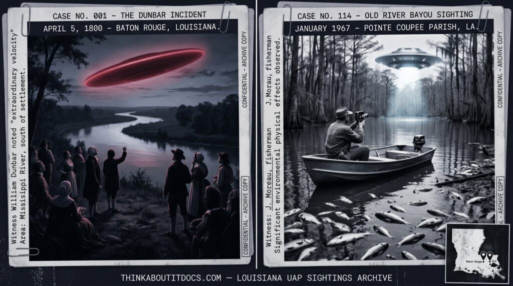 Two panel intelligence dossier collage for the Louisiana UFO UAP alien sightings archive showing left multiple Baton Rouge residents and scientist William Dunbar tracking a deep crimson-red elongated disc 70 to 80 feet in length crossing the sky at 200 yards altitude above the Mississippi River in April 1800 in the oldest formally published UAP observation in the US record communicated by Thomas Jefferson to the American Philosophical Society, and right an anonymous Louisiana fisherman raising his camera from his boat toward a pale cold white structured object hovering above the Old River tree line north of Baton Rouge while hundreds of dead fish line the bank behind him in the January 1967 two-night encounter