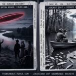 Two panel intelligence dossier collage for the Louisiana UFO UAP alien sightings archive showing left multiple Baton Rouge residents and scientist William Dunbar tracking a deep crimson-red elongated disc 70 to 80 feet in length crossing the sky at 200 yards altitude above the Mississippi River in April 1800 in the oldest formally published UAP observation in the US record communicated by Thomas Jefferson to the American Philosophical Society, and right an anonymous Louisiana fisherman raising his camera from his boat toward a pale cold white structured object hovering above the Old River tree line north of Baton Rouge while hundreds of dead fish line the bank behind him in the January 1967 two-night encounter