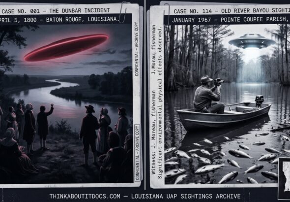 Two panel intelligence dossier collage for the Louisiana UFO UAP alien sightings archive showing left multiple Baton Rouge residents and scientist William Dunbar tracking a deep crimson-red elongated disc 70 to 80 feet in length crossing the sky at 200 yards altitude above the Mississippi River in April 1800 in the oldest formally published UAP observation in the US record communicated by Thomas Jefferson to the American Philosophical Society, and right an anonymous Louisiana fisherman raising his camera from his boat toward a pale cold white structured object hovering above the Old River tree line north of Baton Rouge while hundreds of dead fish line the bank behind him in the January 1967 two-night encounter