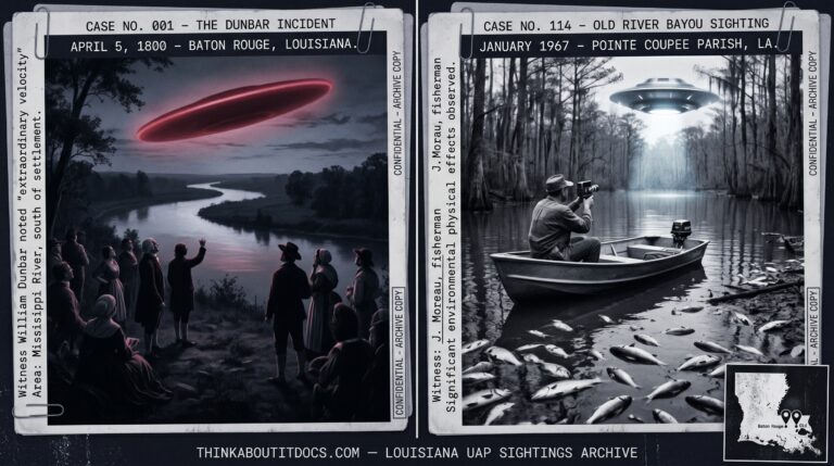 Two panel intelligence dossier collage for the Louisiana UFO UAP alien sightings archive showing left multiple Baton Rouge residents and scientist William Dunbar tracking a deep crimson-red elongated disc 70 to 80 feet in length crossing the sky at 200 yards altitude above the Mississippi River in April 1800 in the oldest formally published UAP observation in the US record communicated by Thomas Jefferson to the American Philosophical Society, and right an anonymous Louisiana fisherman raising his camera from his boat toward a pale cold white structured object hovering above the Old River tree line north of Baton Rouge while hundreds of dead fish line the bank behind him in the January 1967 two-night encounter