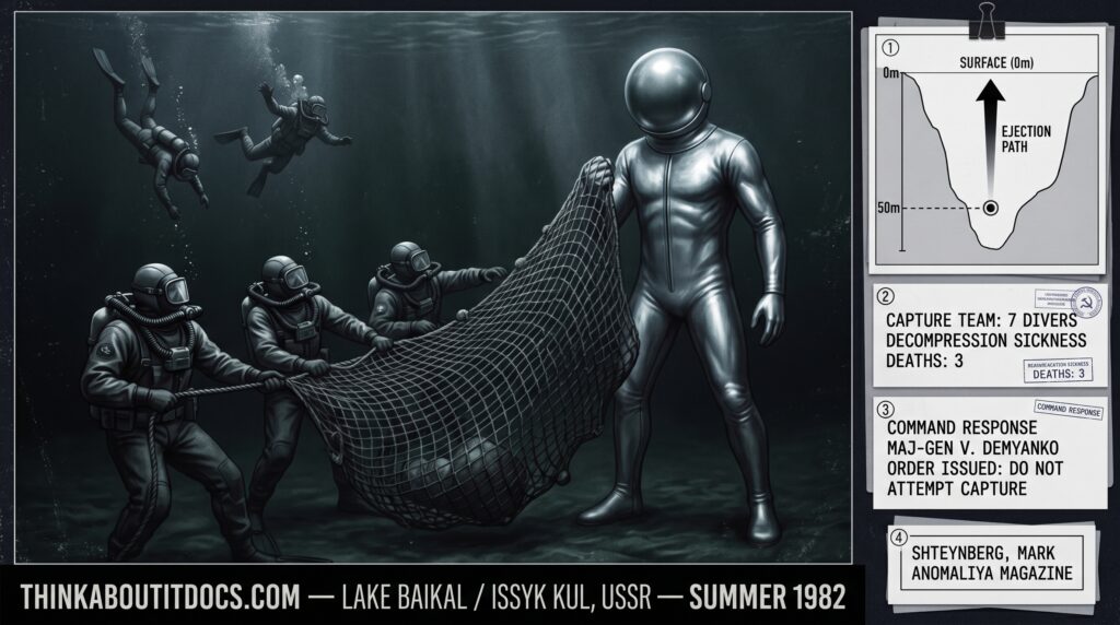 Dossier composite illustration of the summer 1982 Soviet military frogmen underwater humanoid encounter at Lake Baikal showing three Soviet divers in dark drysuits attempting to deploy a weighted capture net at 50 meters depth while a three-meter-tall silver-suited humanoid with a sphere helmet stands in the dark water deflecting the net as two other divers are already being involuntarily propelled upward alongside an evidence panel showing the depth ejection diagram the three-diver casualty notation the Major-General Demyanko command response and the Shteynberg ANOMALIYA 1992 source attribution