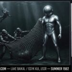 Dossier composite illustration of the summer 1982 Soviet military frogmen underwater humanoid encounter at Lake Baikal showing three Soviet divers in dark drysuits attempting to deploy a weighted capture net at 50 meters depth while a three-meter-tall silver-suited humanoid with a sphere helmet stands in the dark water deflecting the net as two other divers are already being involuntarily propelled upward alongside an evidence panel showing the depth ejection diagram the three-diver casualty notation the Major-General Demyanko command response and the Shteynberg ANOMALIYA 1992 source attribution