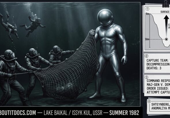 Dossier composite illustration of the summer 1982 Soviet military frogmen underwater humanoid encounter at Lake Baikal showing three Soviet divers in dark drysuits attempting to deploy a weighted capture net at 50 meters depth while a three-meter-tall silver-suited humanoid with a sphere helmet stands in the dark water deflecting the net as two other divers are already being involuntarily propelled upward alongside an evidence panel showing the depth ejection diagram the three-diver casualty notation the Major-General Demyanko command response and the Shteynberg ANOMALIYA 1992 source attribution