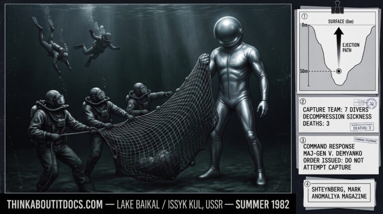 Dossier composite illustration of the summer 1982 Soviet military frogmen underwater humanoid encounter at Lake Baikal showing three Soviet divers in dark drysuits attempting to deploy a weighted capture net at 50 meters depth while a three-meter-tall silver-suited humanoid with a sphere helmet stands in the dark water deflecting the net as two other divers are already being involuntarily propelled upward alongside an evidence panel showing the depth ejection diagram the three-diver casualty notation the Major-General Demyanko command response and the Shteynberg ANOMALIYA 1992 source attribution