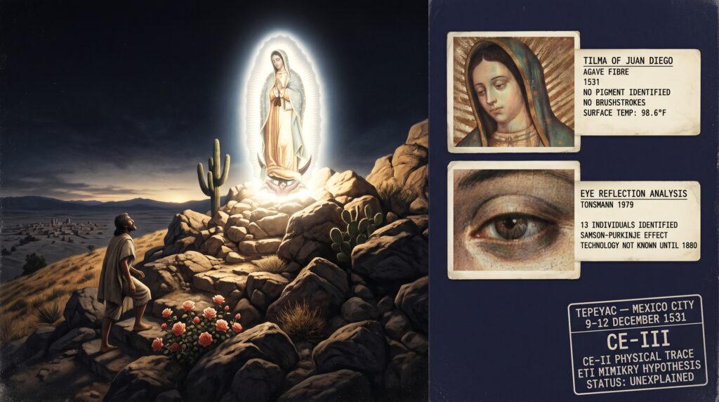 Dossier composite illustration of the December 1531 Guadalupe Event at Tepeyac showing Juan Diego approaching a brilliantly luminous female figure surrounded by an oval nimbus of light at the hilltop with Castilian roses blooming from bare winter rock and an evidence panel showing infrared tilma analysis and digital eye reflection enlargement identifying 13 witnesses