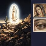 Dossier composite illustration of the December 1531 Guadalupe Event at Tepeyac showing Juan Diego approaching a brilliantly luminous female figure surrounded by an oval nimbus of light at the hilltop with Castilian roses blooming from bare winter rock and an evidence panel showing infrared tilma analysis and digital eye reflection enlargement identifying 13 witnesses