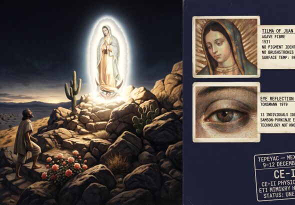 Dossier composite illustration of the December 1531 Guadalupe Event at Tepeyac showing Juan Diego approaching a brilliantly luminous female figure surrounded by an oval nimbus of light at the hilltop with Castilian roses blooming from bare winter rock and an evidence panel showing infrared tilma analysis and digital eye reflection enlargement identifying 13 witnesses
