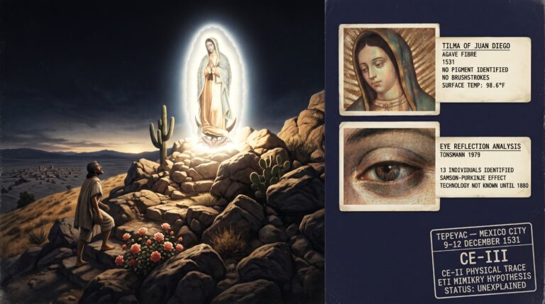 Dossier composite illustration of the December 1531 Guadalupe Event at Tepeyac showing Juan Diego approaching a brilliantly luminous female figure surrounded by an oval nimbus of light at the hilltop with Castilian roses blooming from bare winter rock and an evidence panel showing infrared tilma analysis and digital eye reflection enlargement identifying 13 witnesses