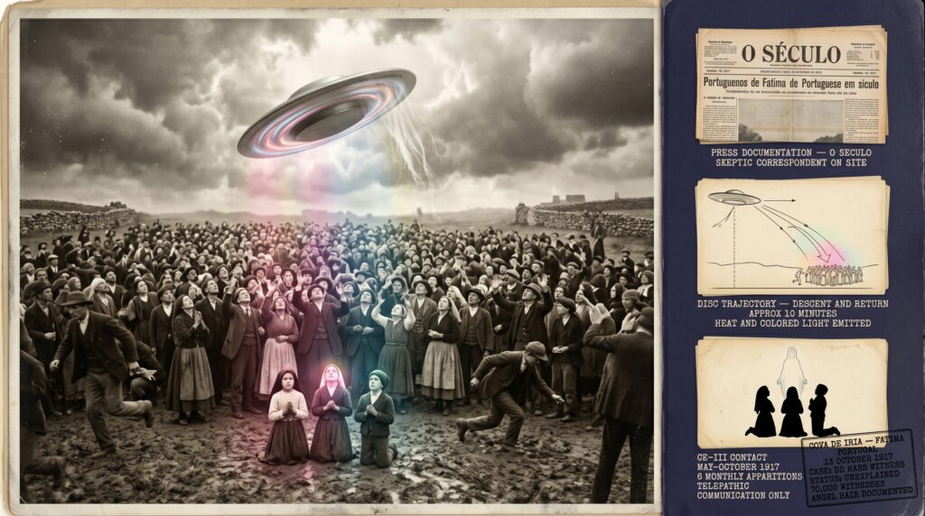 Illustration of the October 13 1917 Fatima Portugal mass witness UAP event showing 70000 witnesses in a vast crowd at Cova de Iria looking upward at a dull silver rotating metallic disc emitting colored light and descending toward the crowd while angel hair drifts downward and three children kneel in the foreground with press documentation and trajectory analysis in a dossier panel