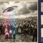Illustration of the October 13 1917 Fatima Portugal mass witness UAP event showing 70000 witnesses in a vast crowd at Cova de Iria looking upward at a dull silver rotating metallic disc emitting colored light and descending toward the crowd while angel hair drifts downward and three children kneel in the foreground with press documentation and trajectory analysis in a dossier panel