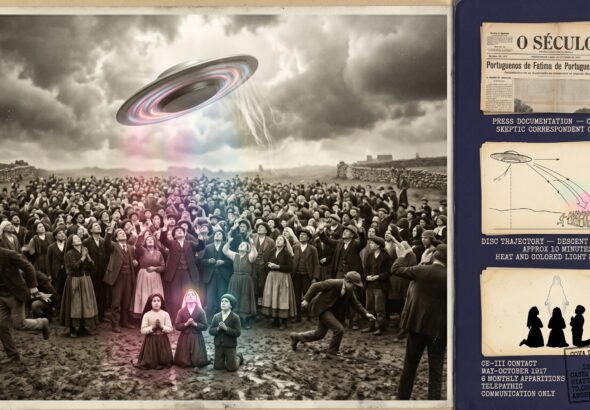 Illustration of the October 13 1917 Fatima Portugal mass witness UAP event showing 70000 witnesses in a vast crowd at Cova de Iria looking upward at a dull silver rotating metallic disc emitting colored light and descending toward the crowd while angel hair drifts downward and three children kneel in the foreground with press documentation and trajectory analysis in a dossier panel