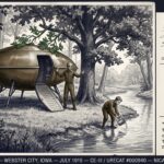 Dossier composite illustration of the July 1919 Webster City Iowa CE-III encounter showing a brown-green oval craft with lowered door steps and three landing legs beneath a creek-bottom oak as a tall brown-green-clad humanoid stands in the doorway protesting while a shorter figure crouches at the creek bank collecting water in a tin-can container with two Iowa farm children watching frozen from behind a cottonwood trunk and an evidence panel showing the round cane-mark soil impression pattern a departure sequence diagram and a fragment of the sister's NICAP account