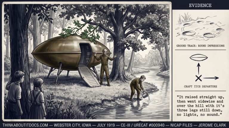 Dossier composite illustration of the July 1919 Webster City Iowa CE-III encounter showing a brown-green oval craft with lowered door steps and three landing legs beneath a creek-bottom oak as a tall brown-green-clad humanoid stands in the doorway protesting while a shorter figure crouches at the creek bank collecting water in a tin-can container with two Iowa farm children watching frozen from behind a cottonwood trunk and an evidence panel showing the round cane-mark soil impression pattern a departure sequence diagram and a fragment of the sister's NICAP account