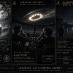 Three panel intelligence dossier collage for the Arkansas UFO UAP alien sightings archive showing left a Spanish colonial-era explorer frozen facing a bearded entity whose face is consistently obscured by mist at the Ozark forest tree line in 1516 in the oldest dated entity encounter in the US state archive, center two 1950s airline pilots averting their eyes from a 100-foot disc with a brilliant blinking array of 9 to 12 oval portholes crossing their flight path at impossible speed over Arkansas in the Project Blue Book Unknown 671 case, and right a male witness on the St. Francis River bottomland at night facing a group of multiple small Biaviian humanoid beings approximately four feet tall standing at the water's edge in northeastern Arkansas in November 1953